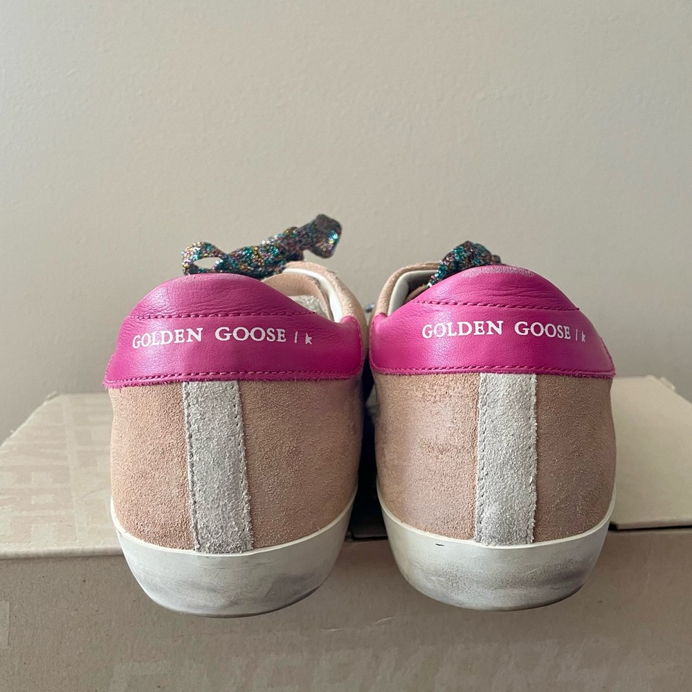 Golden Goose Superstar Nude Suede Gold Star Pink Heel Confetti Laces NEW IN BOX - Picture 3 of 13